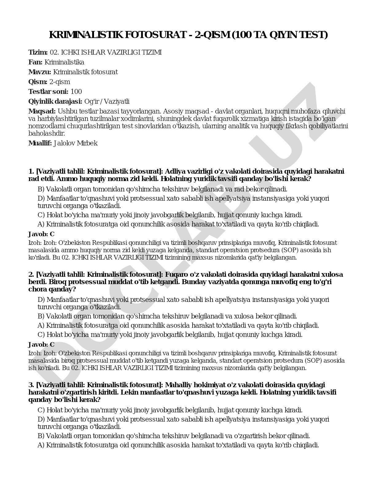 Kriminalistik fotosurat - 2-qism (100 ta qiyin test)