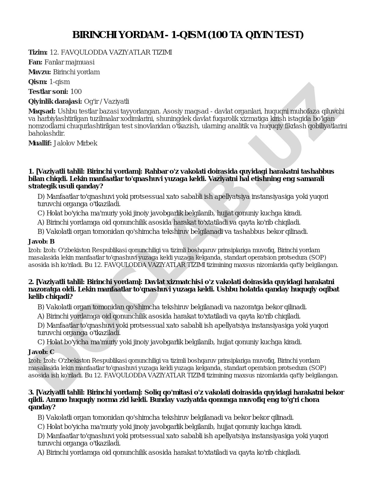 Birinchi yordam - 1-qism (100 ta qiyin test)