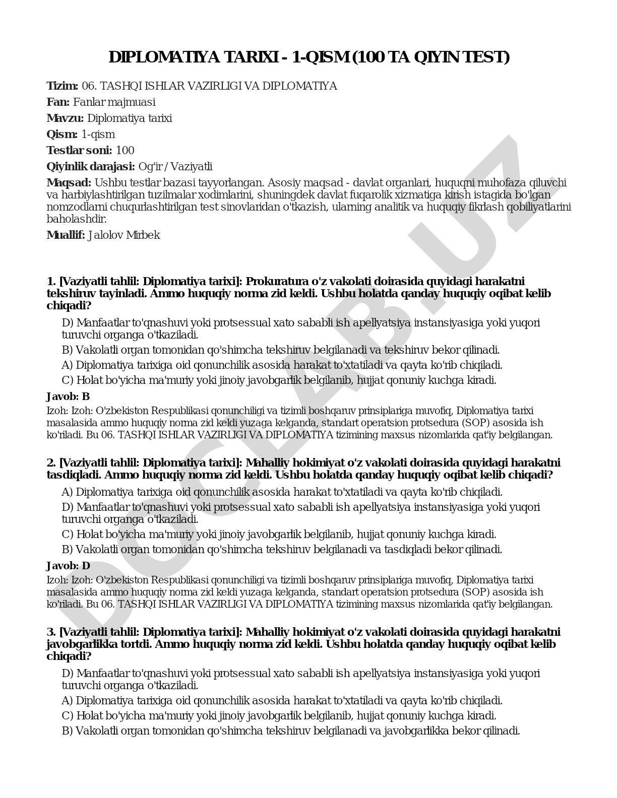 Diplomatiya tarixi - 1-qism (100 ta qiyin test)