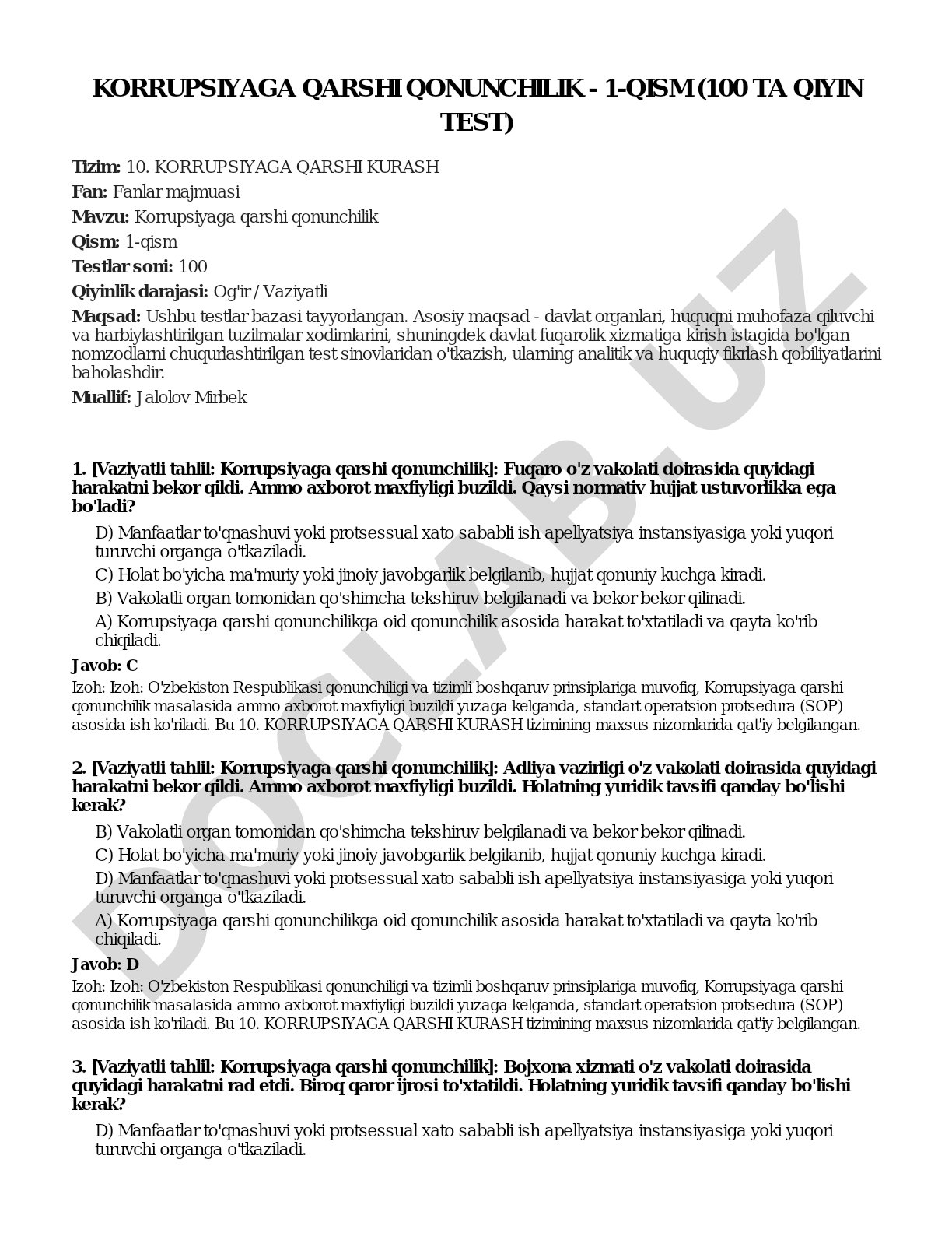 Korrupsiyaga qarshi qonunchilik - 1-qism (100 ta qiyin test)