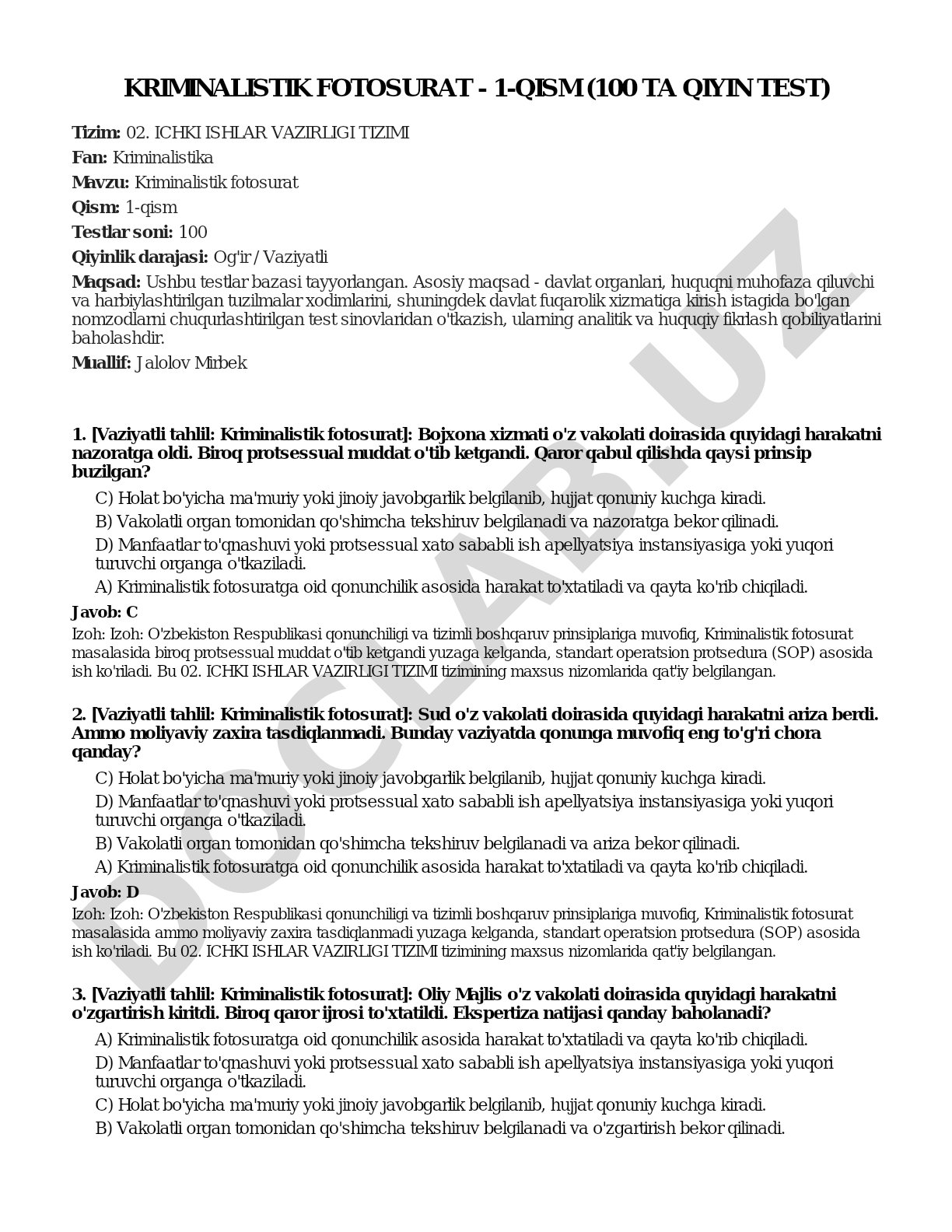 Kriminalistik fotosurat - 1-qism (100 ta qiyin test)
