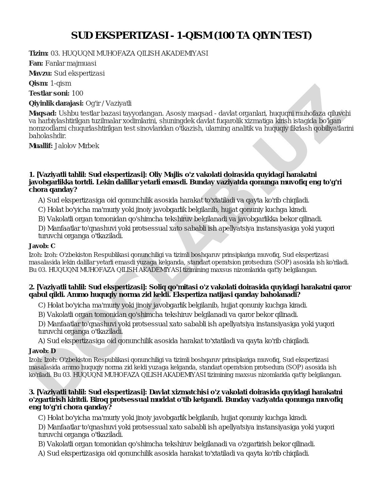 Sud ekspertizasi - 1-qism (100 ta qiyin test)
