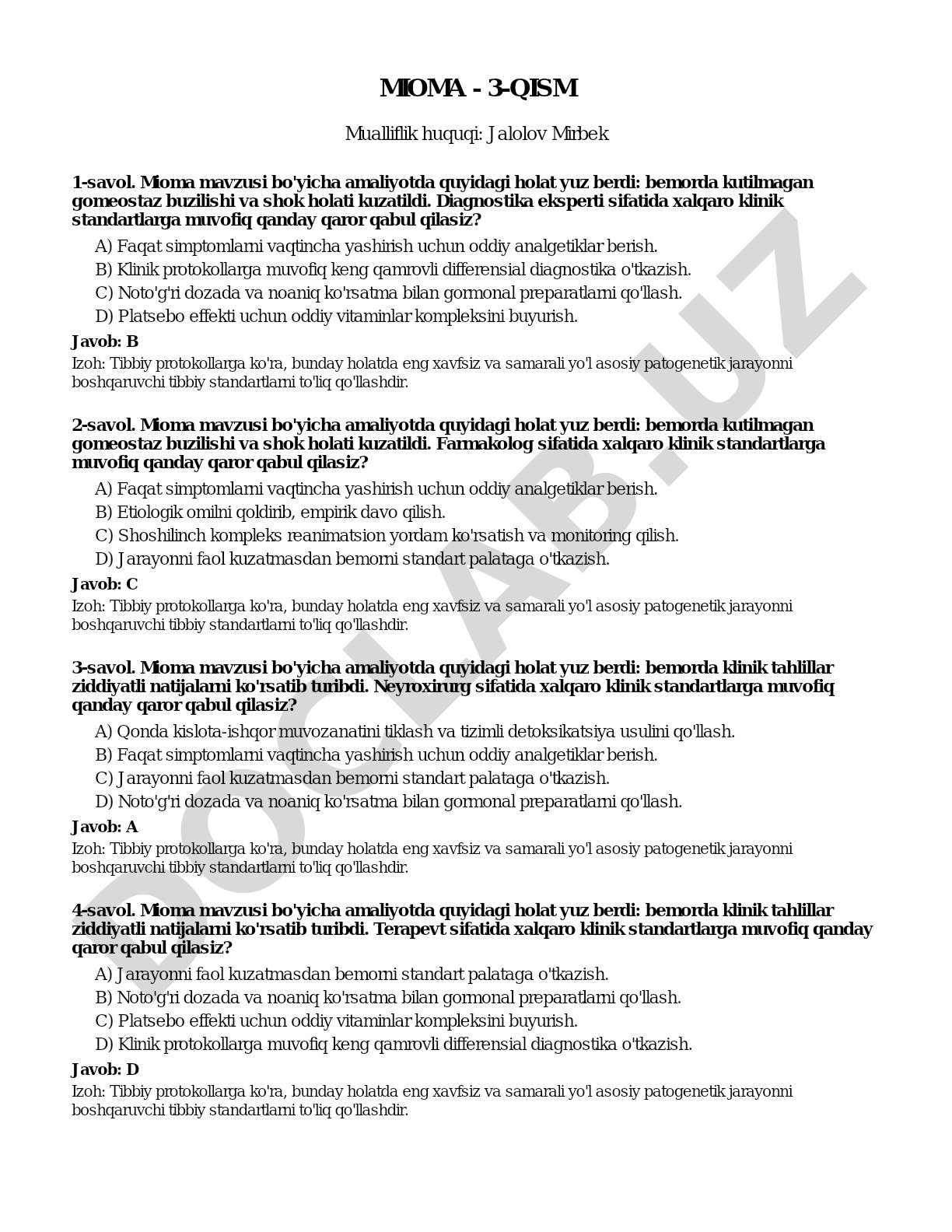 Mioma kasalligi bo'yicha test savollari va ularning izohlari