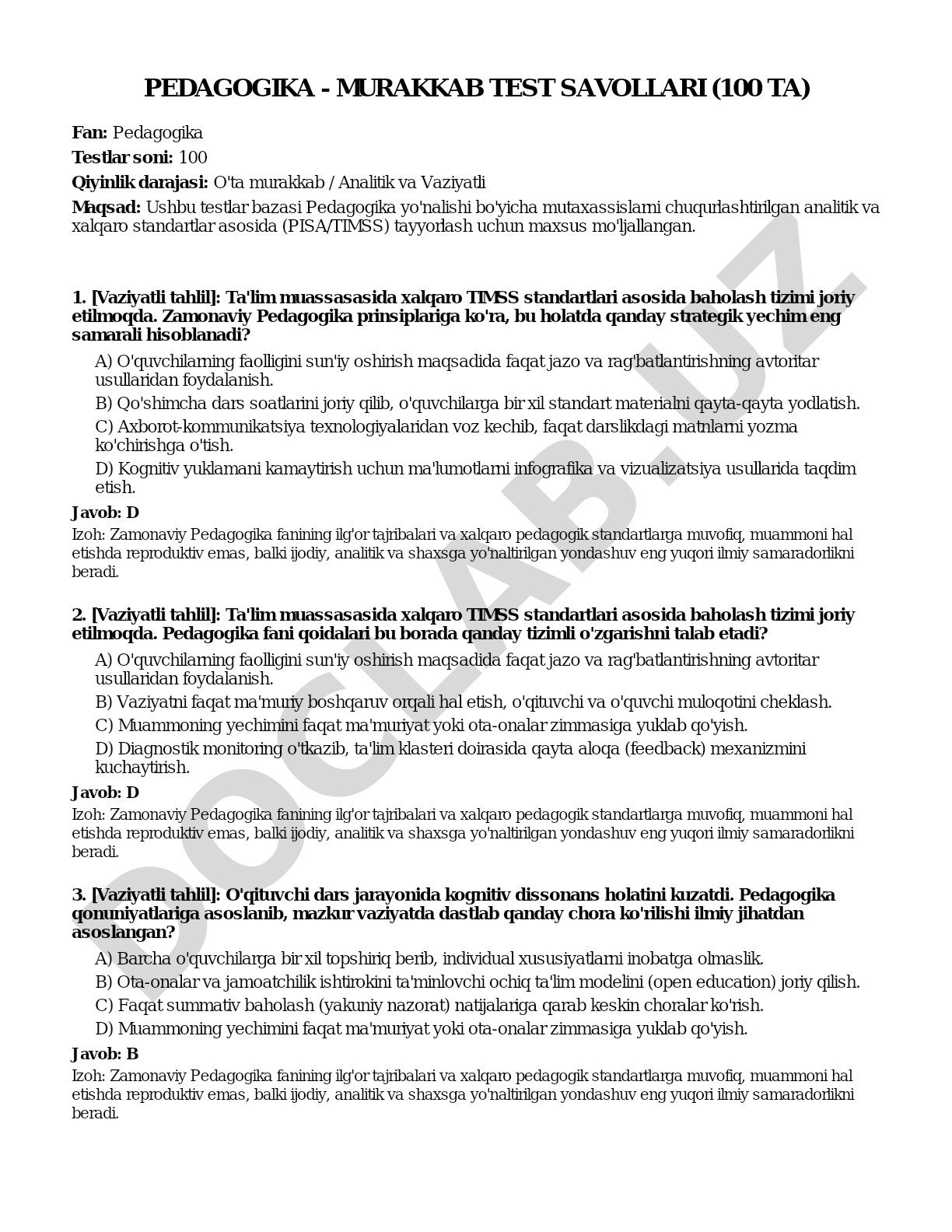 Pedagogika - murakkab test savollari (100 ta)