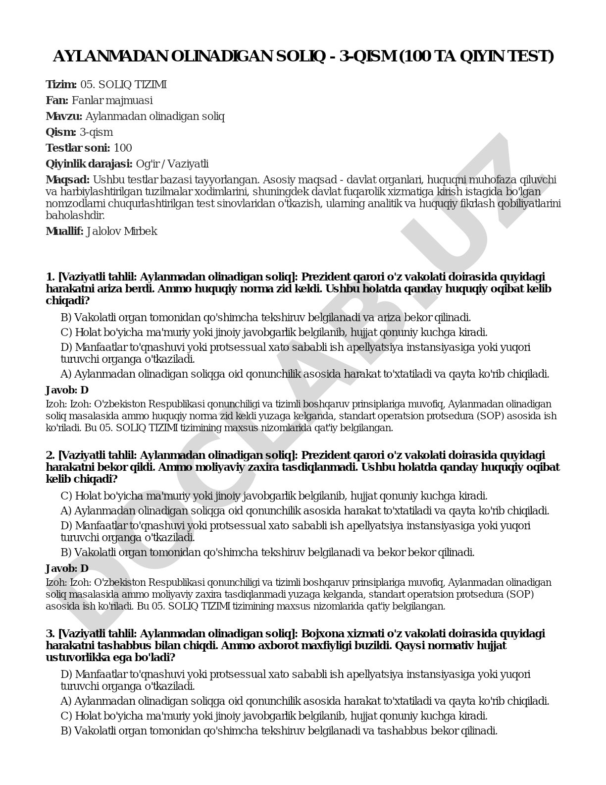 Aylanmadan olinadigan soliq - 3-qism (100 ta qiyin test)