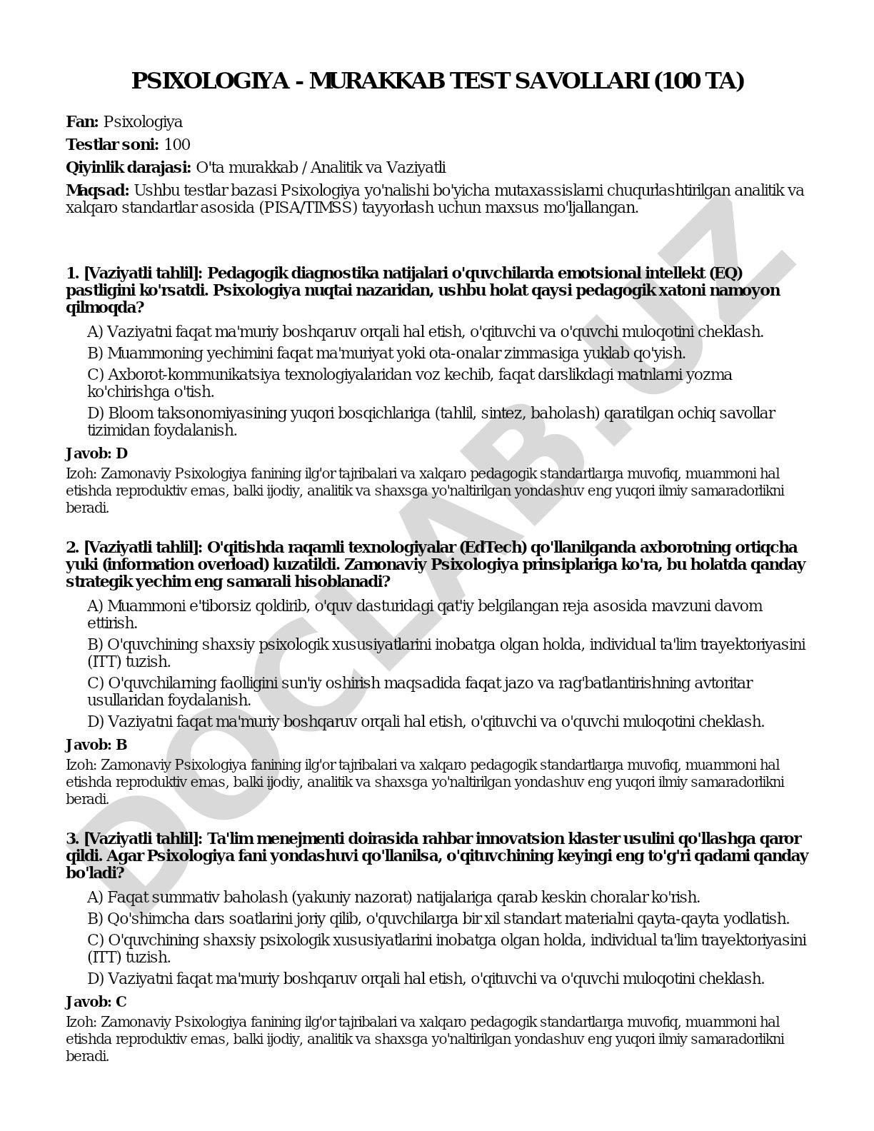 Psixologiya - murakkab test savollari (100 ta)