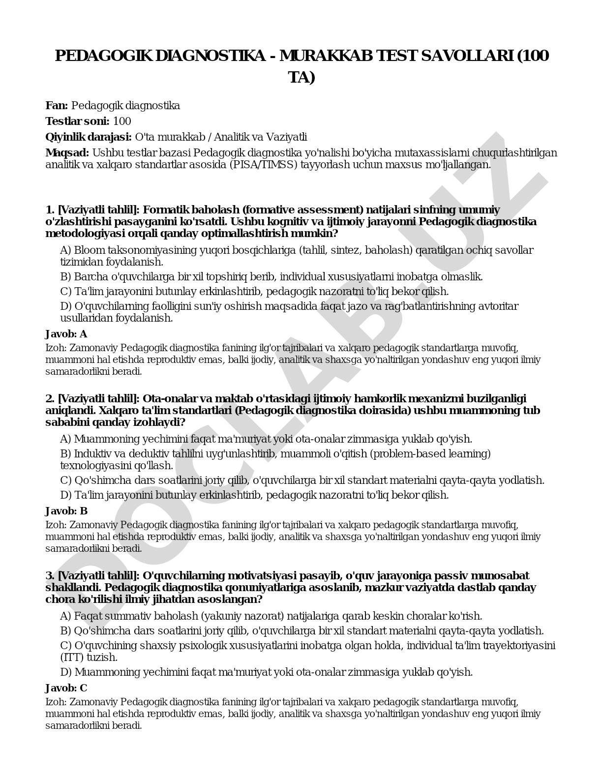 Pedagogik diagnostika - murakkab test savollari (100 ta)