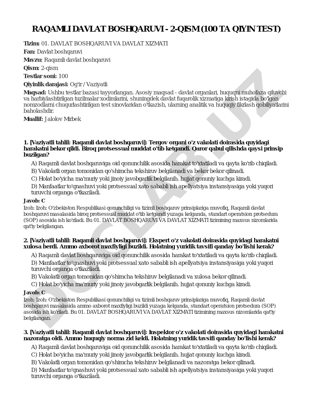 Raqamli davlat boshqaruvi - 2-qism (100 ta qiyin test)