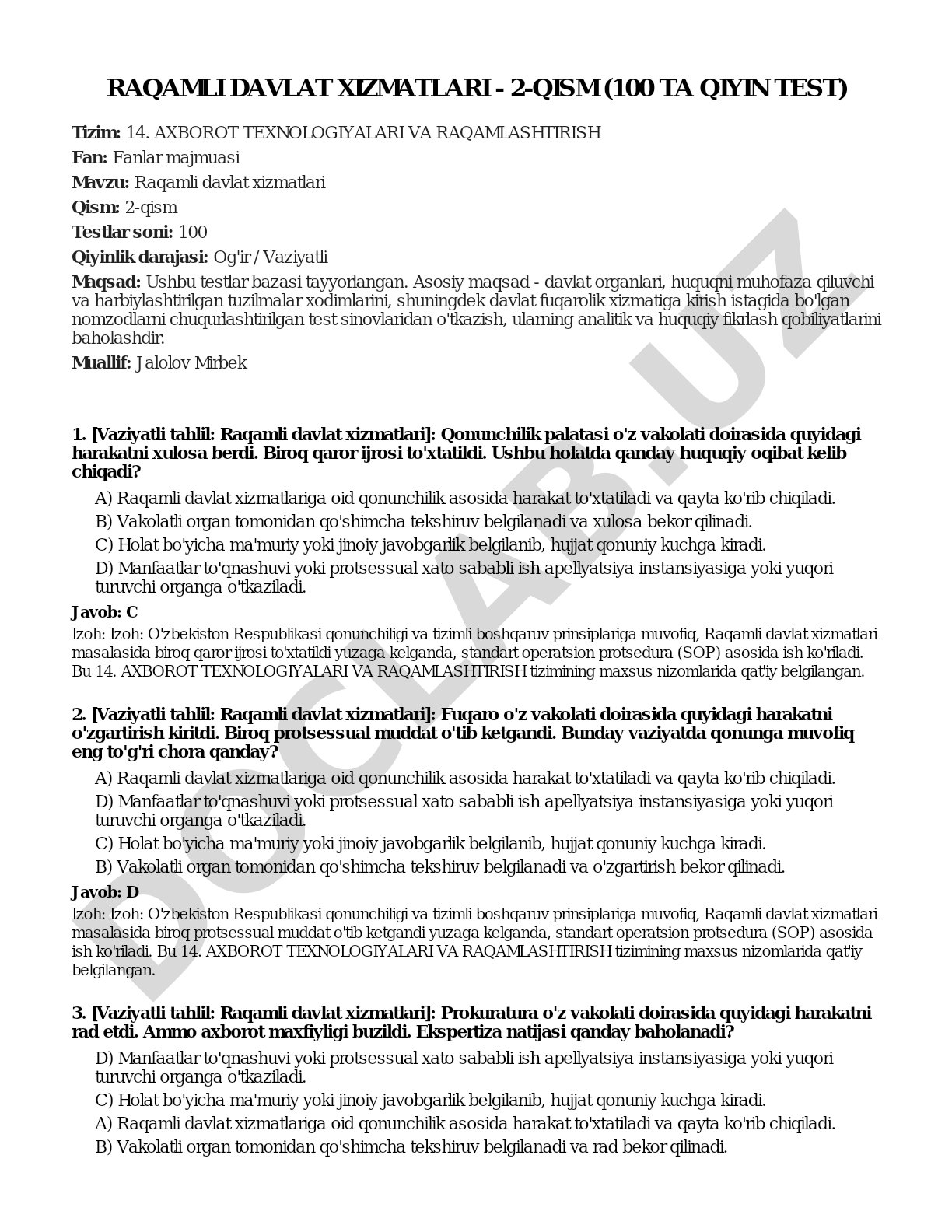 Raqamli davlat xizmatlari - 2-qism (100 ta qiyin test)