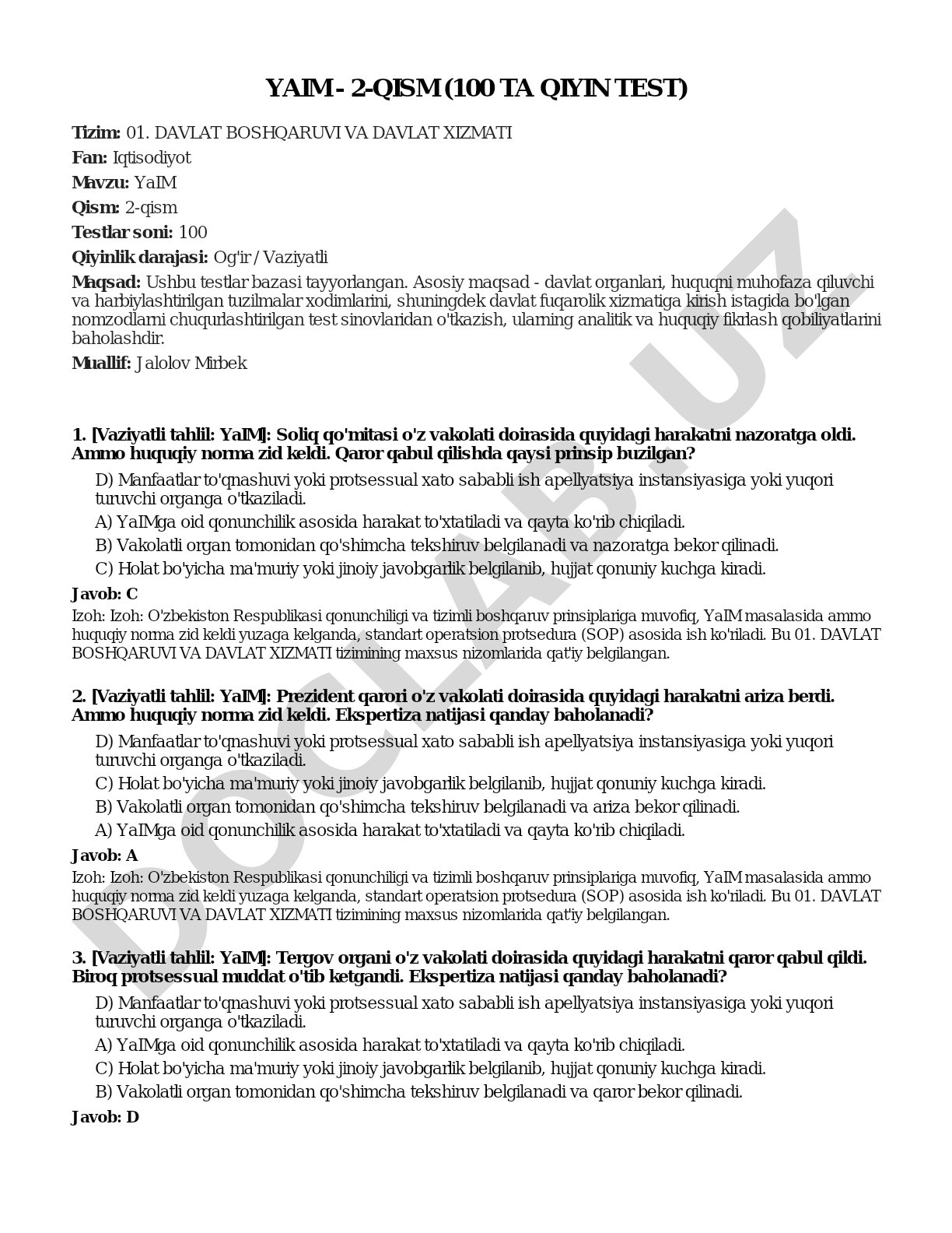YAIM - 2-qism (100 ta qiyin test)