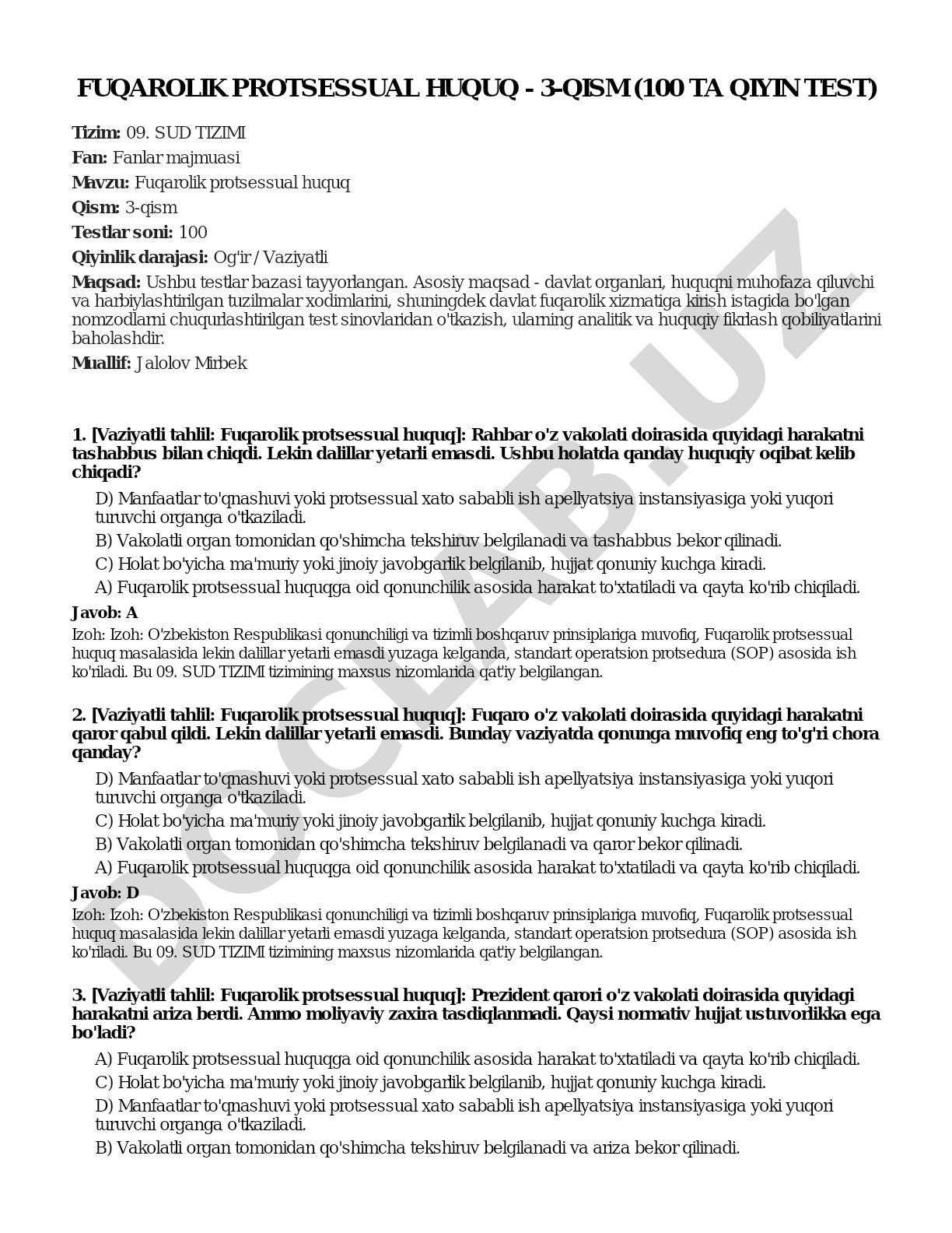 Fuqarolik protsessual huquq - 3-qism (100 ta qiyin test)