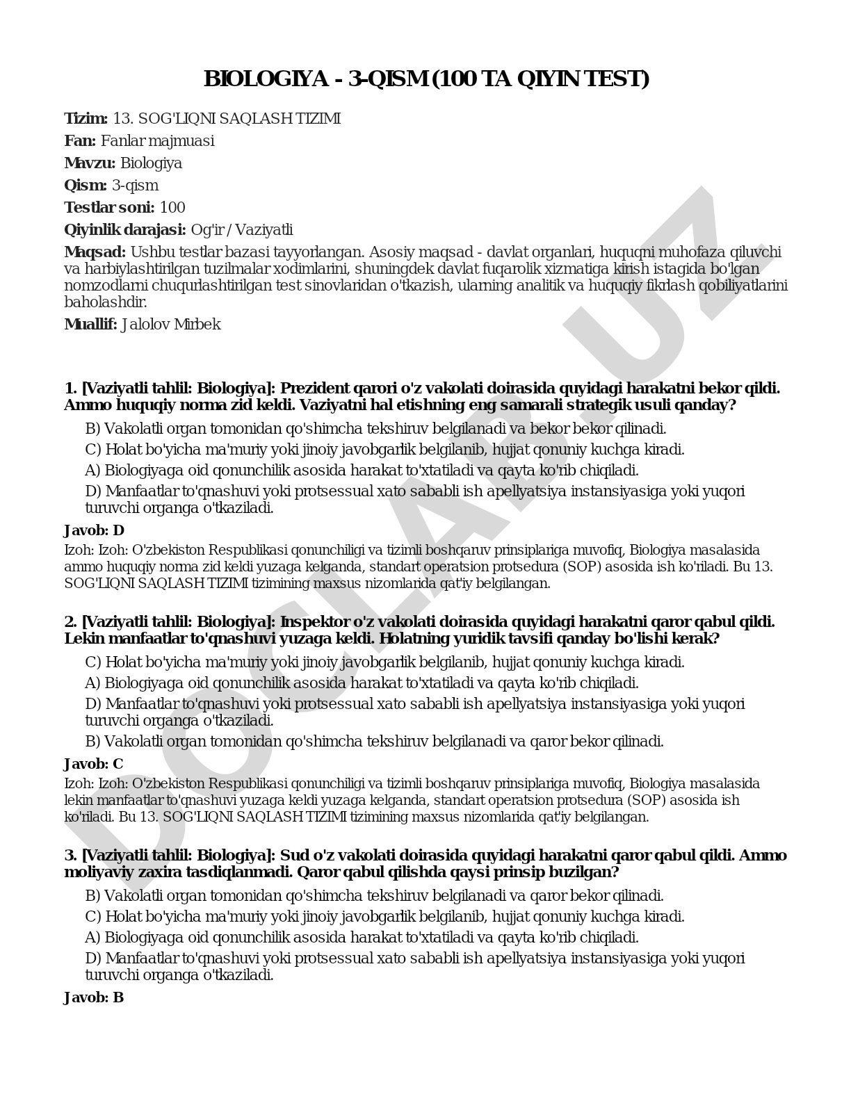 Biologiya - 3-qism (100 ta qiyin test)