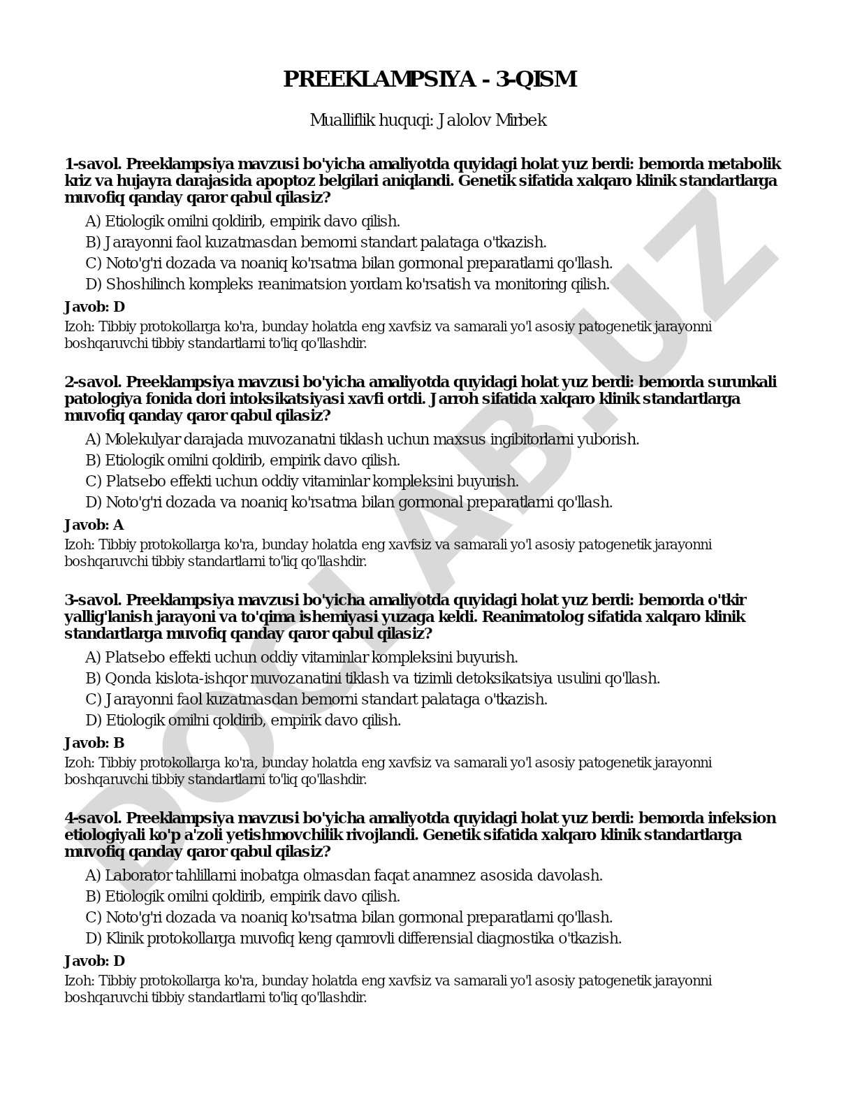 Preeklampsiya bo'yicha klinik holatli test savollari va javoblari