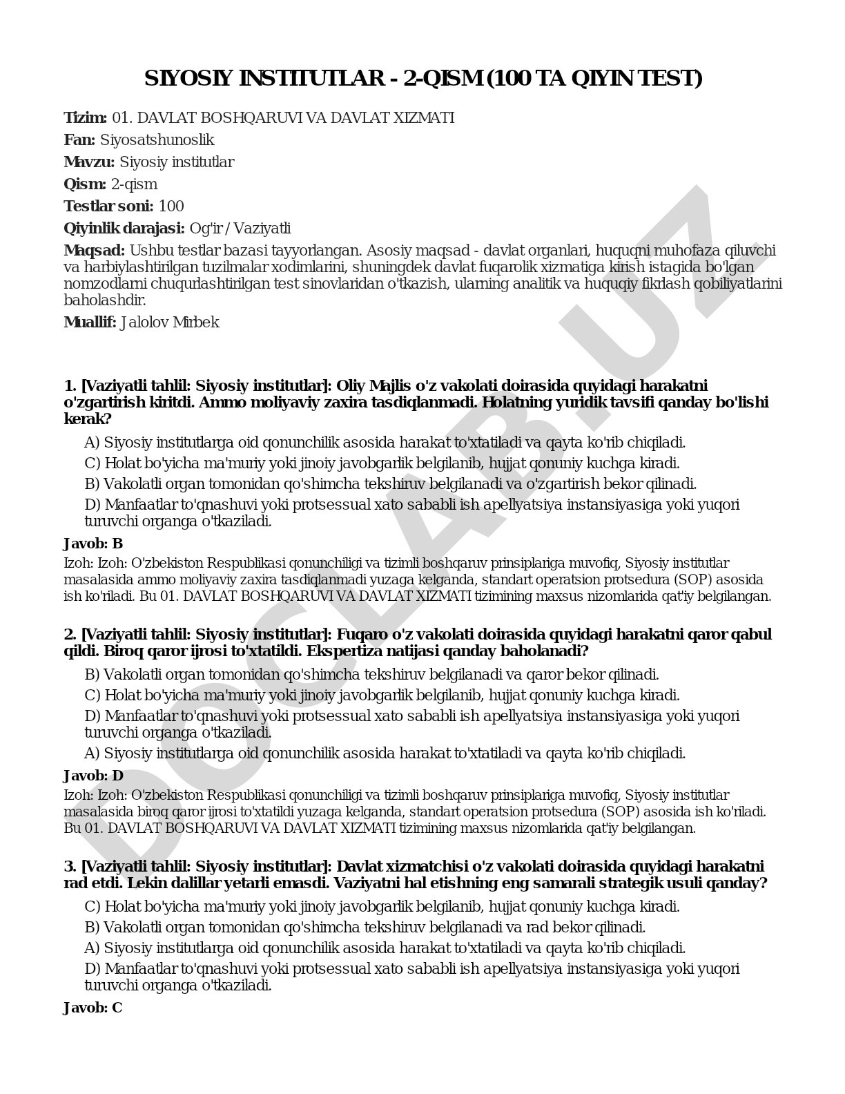 Siyosiy institutlar - 2-qism (100 ta qiyin test)