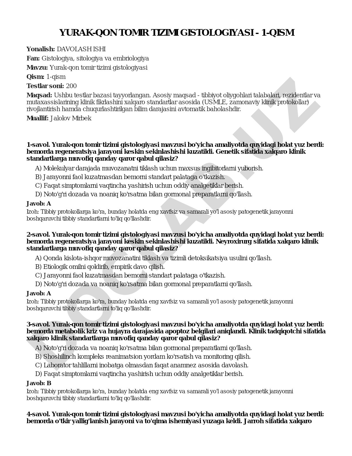 Yurak-qon tomir tizimi gistologiyasi - 1-qism