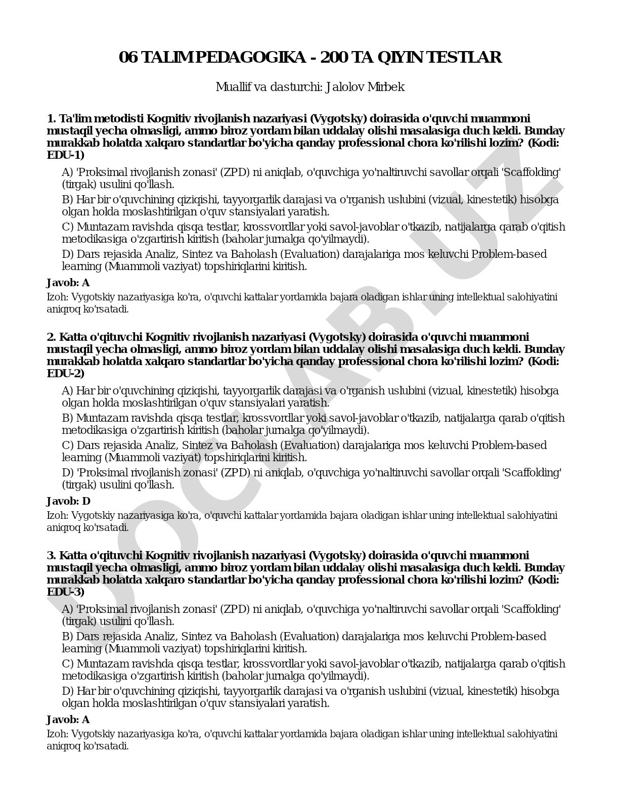06 Talim pedagogika - 200 ta qiyin testlar