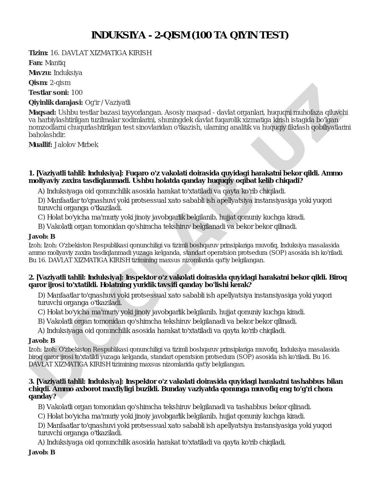 Induksiya - 2-qism (100 ta qiyin test)