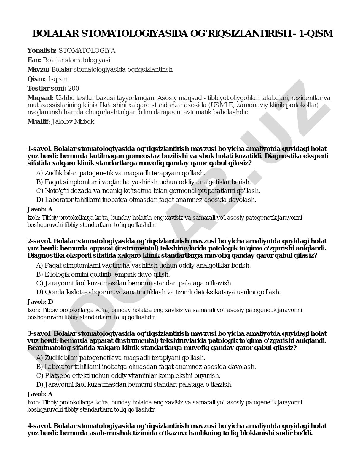 Bolalar stomatologiyasida og'riqsizlantirish - 1-qism