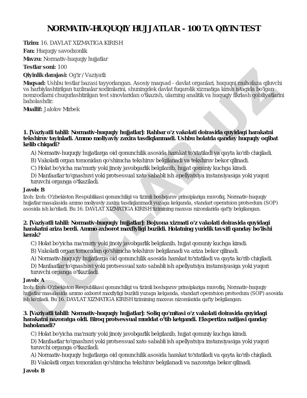 Normativ-huquqiy hujjatlar - 100 ta qiyin test