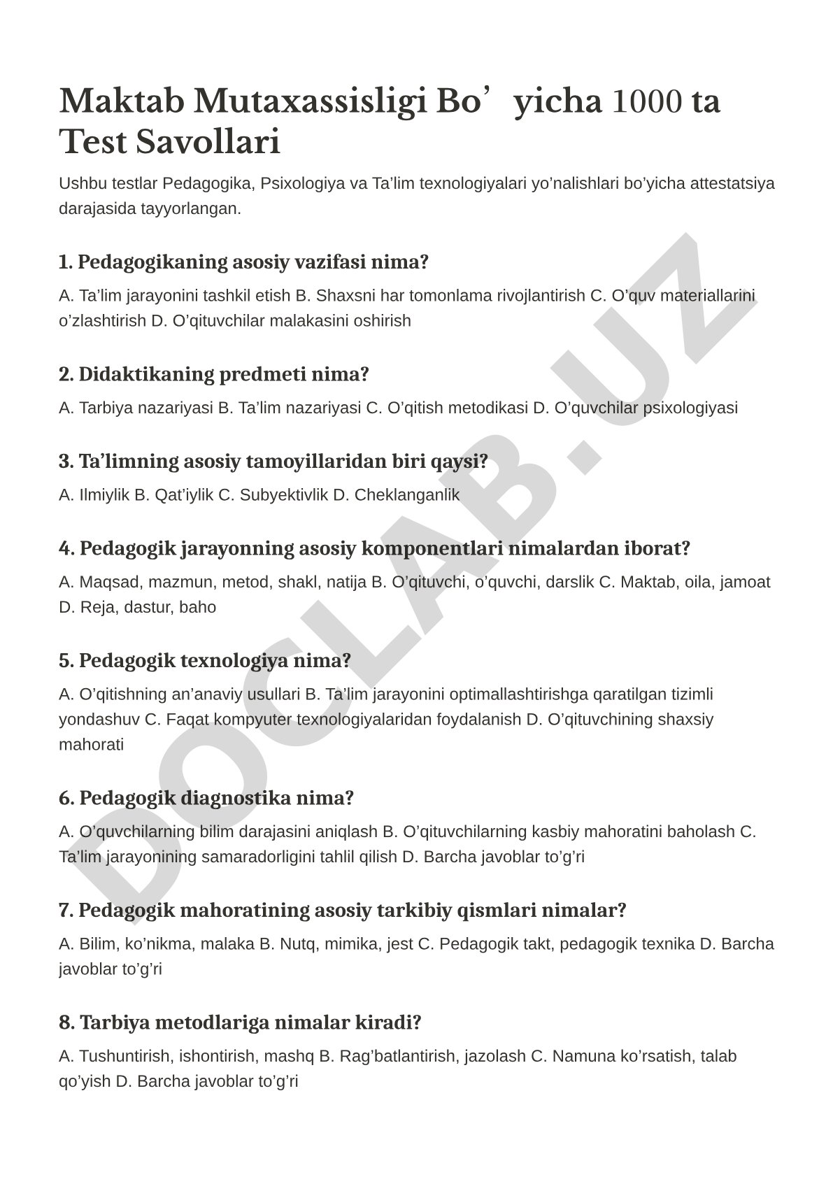 Pedagogikaning asosiy vazifasi nima?