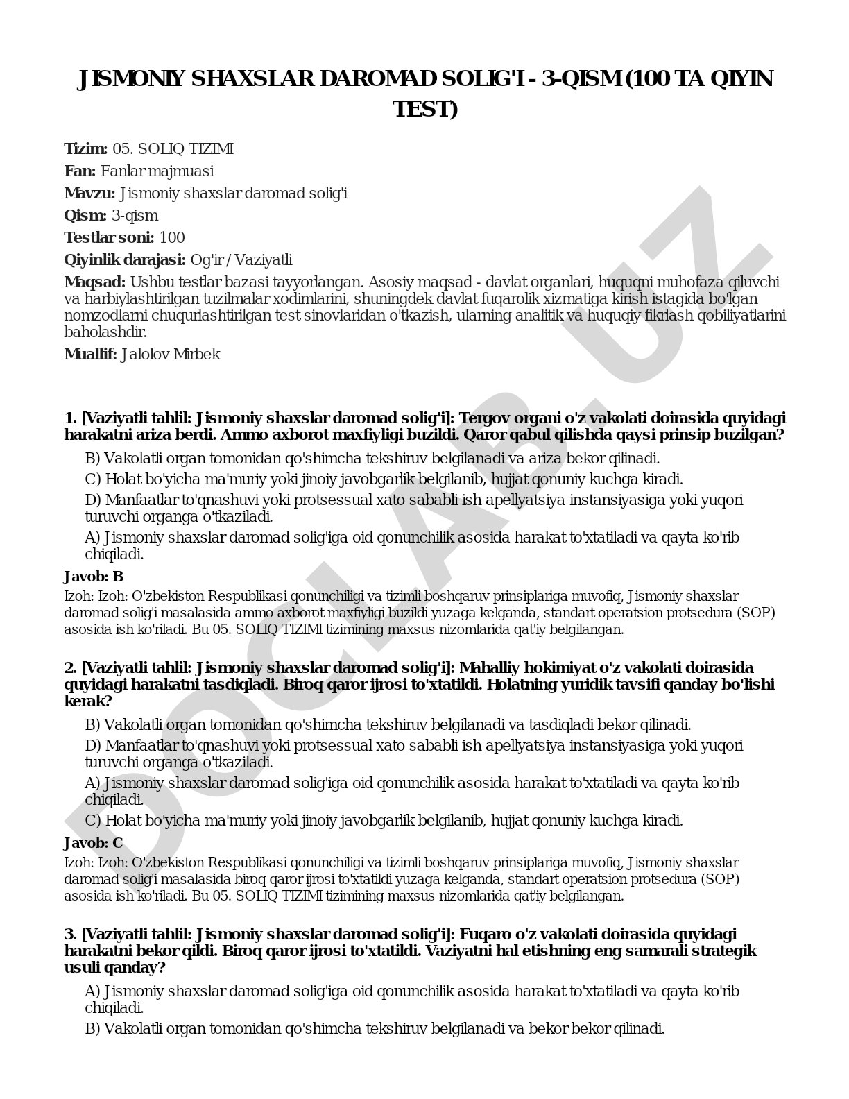 Jismoniy shaxslar daromad solig'i - 3-qism (100 ta qiyin test)