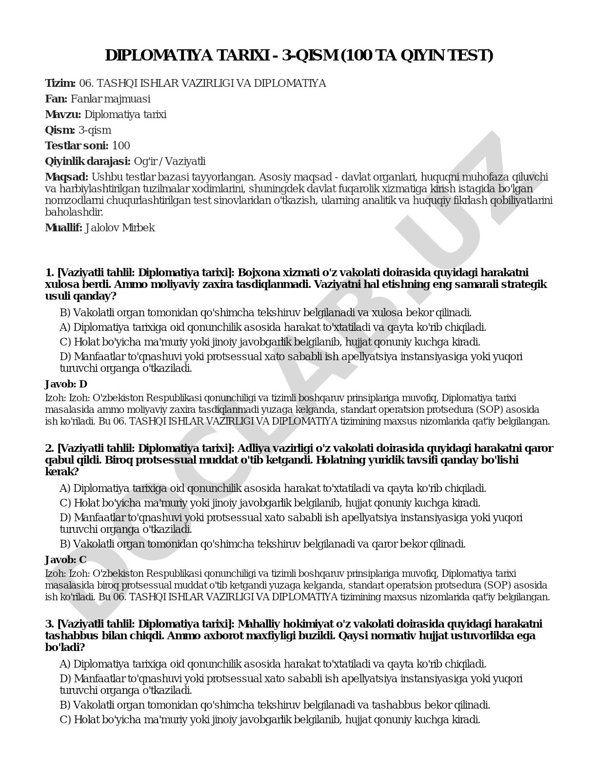 Diplomatiya tarixi - 3-qism (100 ta qiyin test)