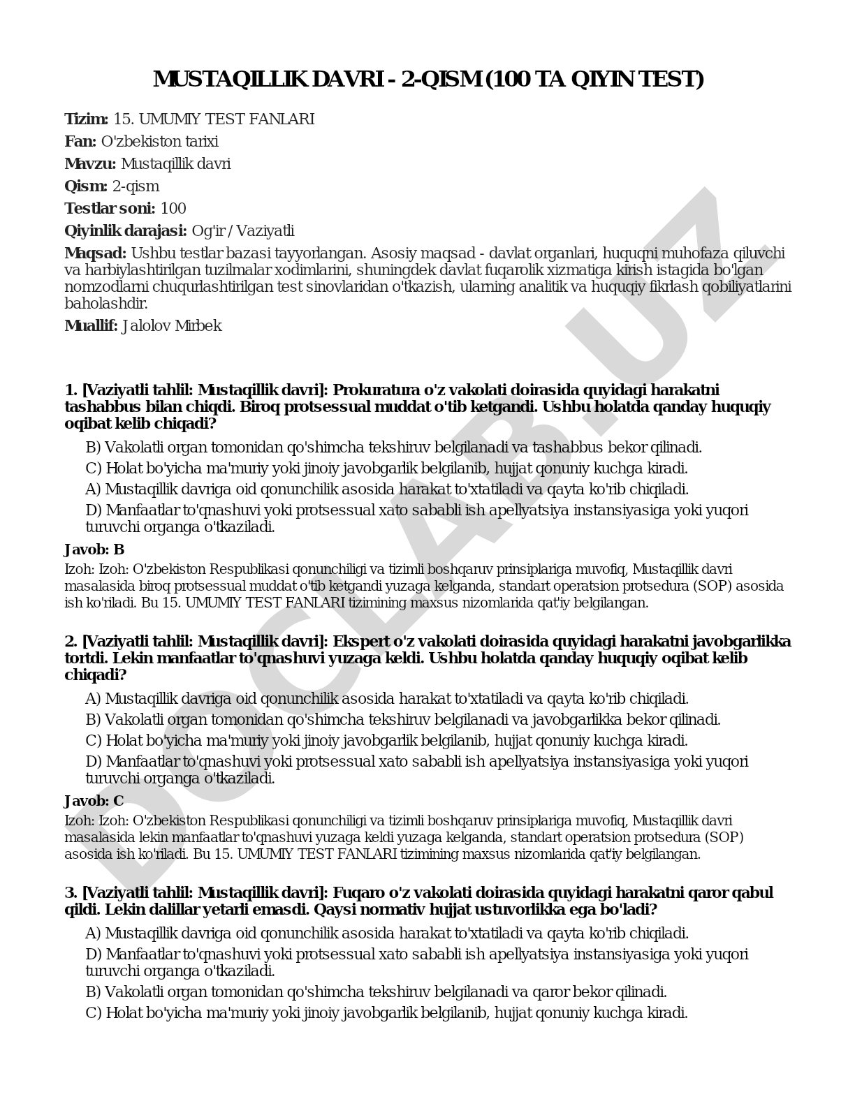 Mustaqillik davri - 2-qism (100 ta qiyin test)