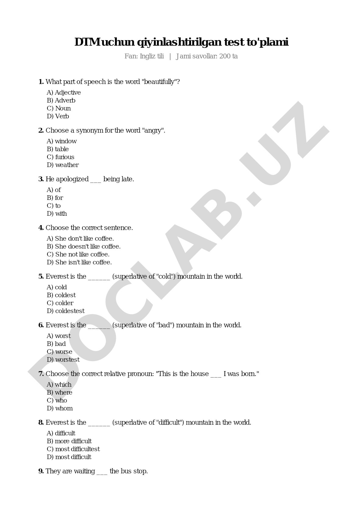 DTM uchun qiyinlashtirilgan test to'plami Fan: Ingliz tili | Jami savollar: 200 ta 1