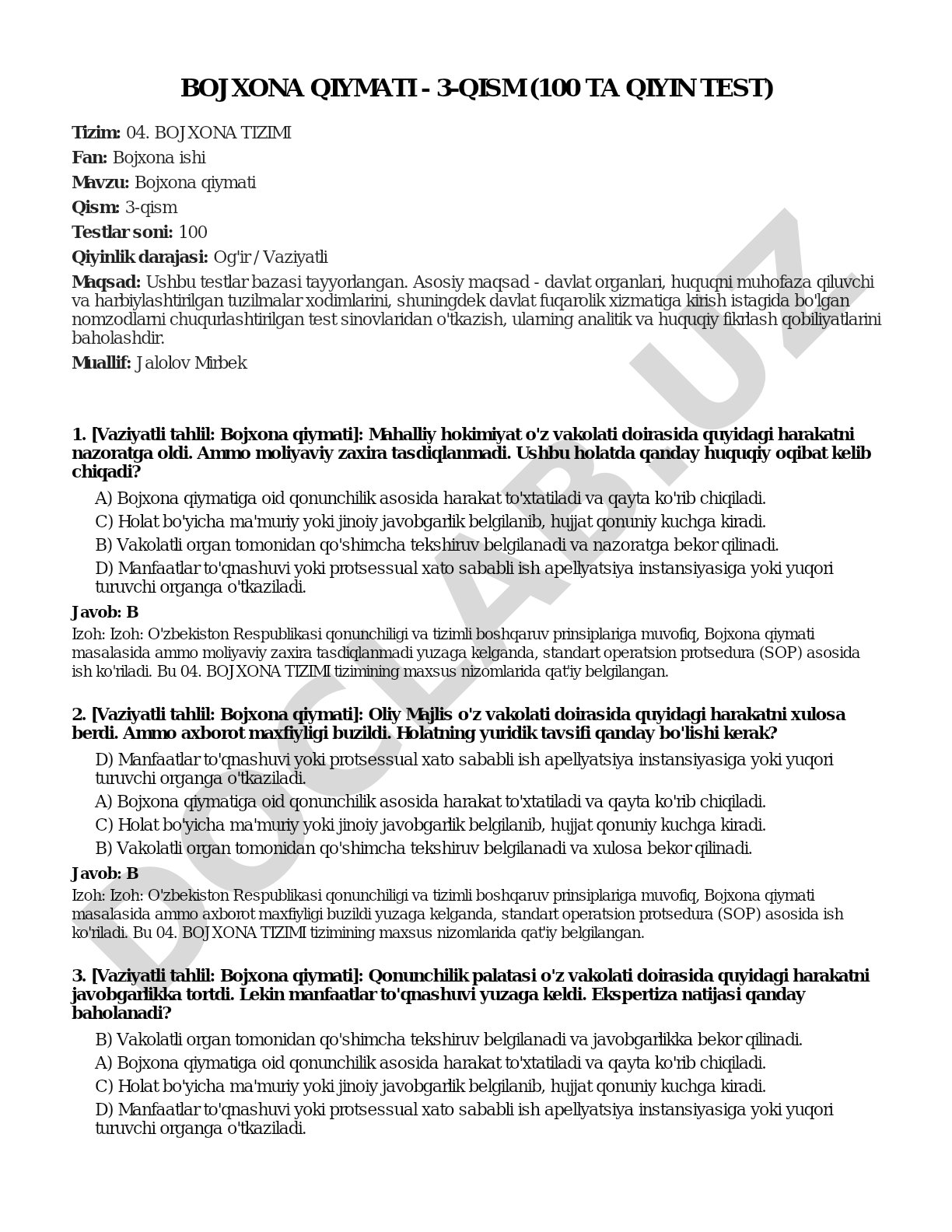 Bojxona qiymati - 3-qism (100 ta qiyin test)