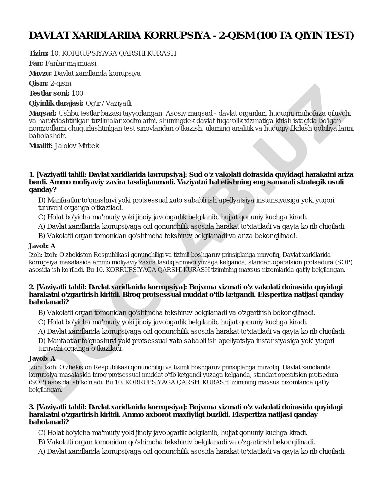 Davlat xaridlarida korrupsiya - 2-qism (100 ta qiyin test)
