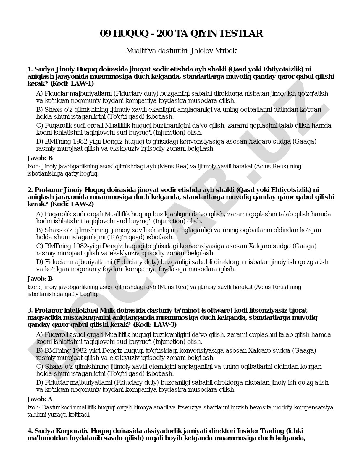 09 huquq - 200 ta qiyin testlar