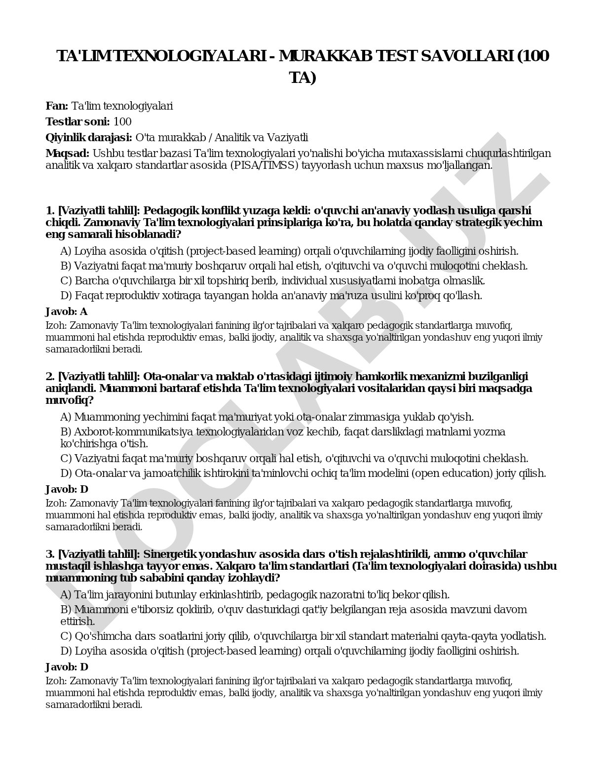 Ta'lim texnologiyalari - Murakkab test savollari (100 ta)