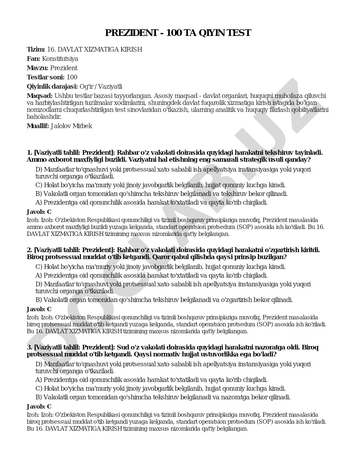 Prezident - 100 ta qiyin test