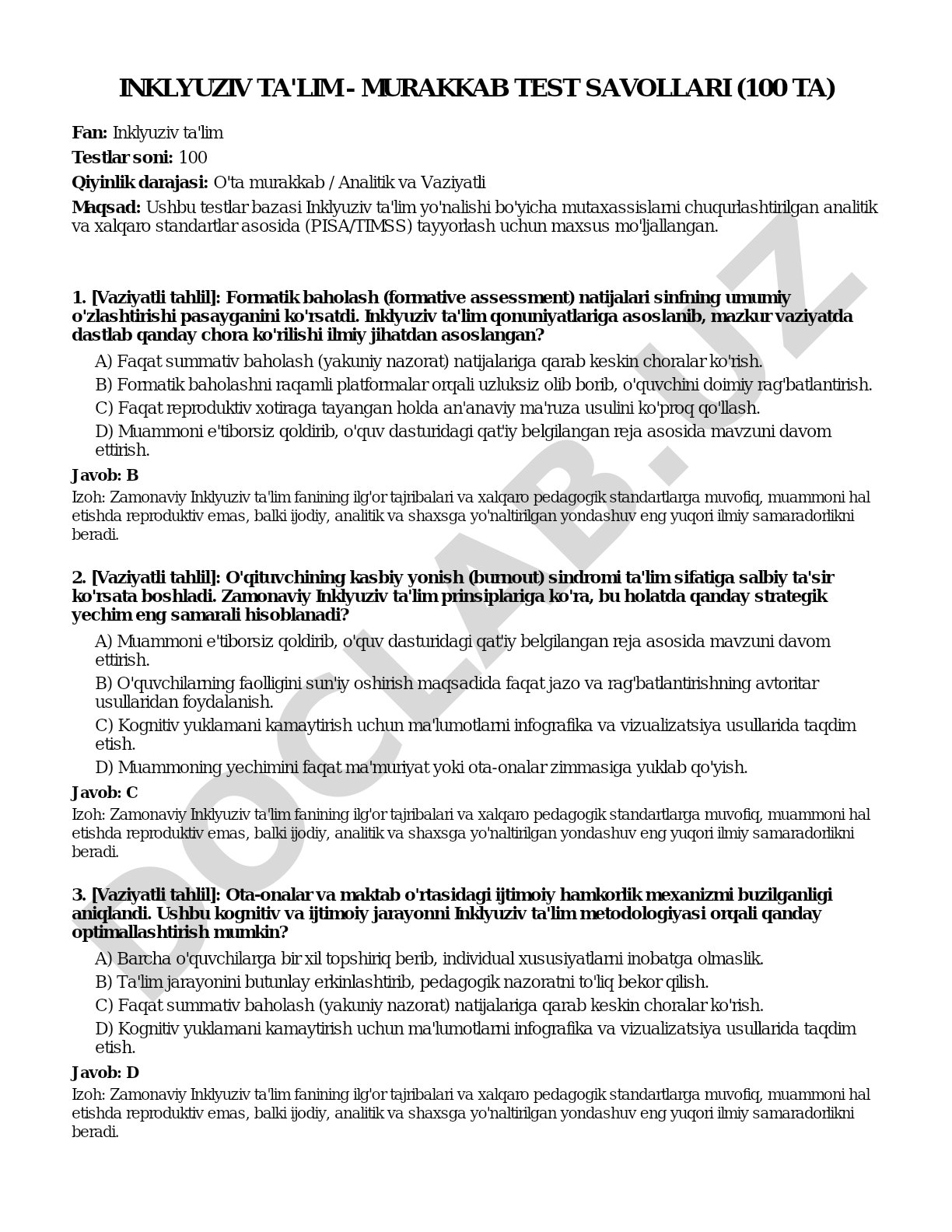 Inklyuziv ta'lim - murakkab test savollari (100 ta)