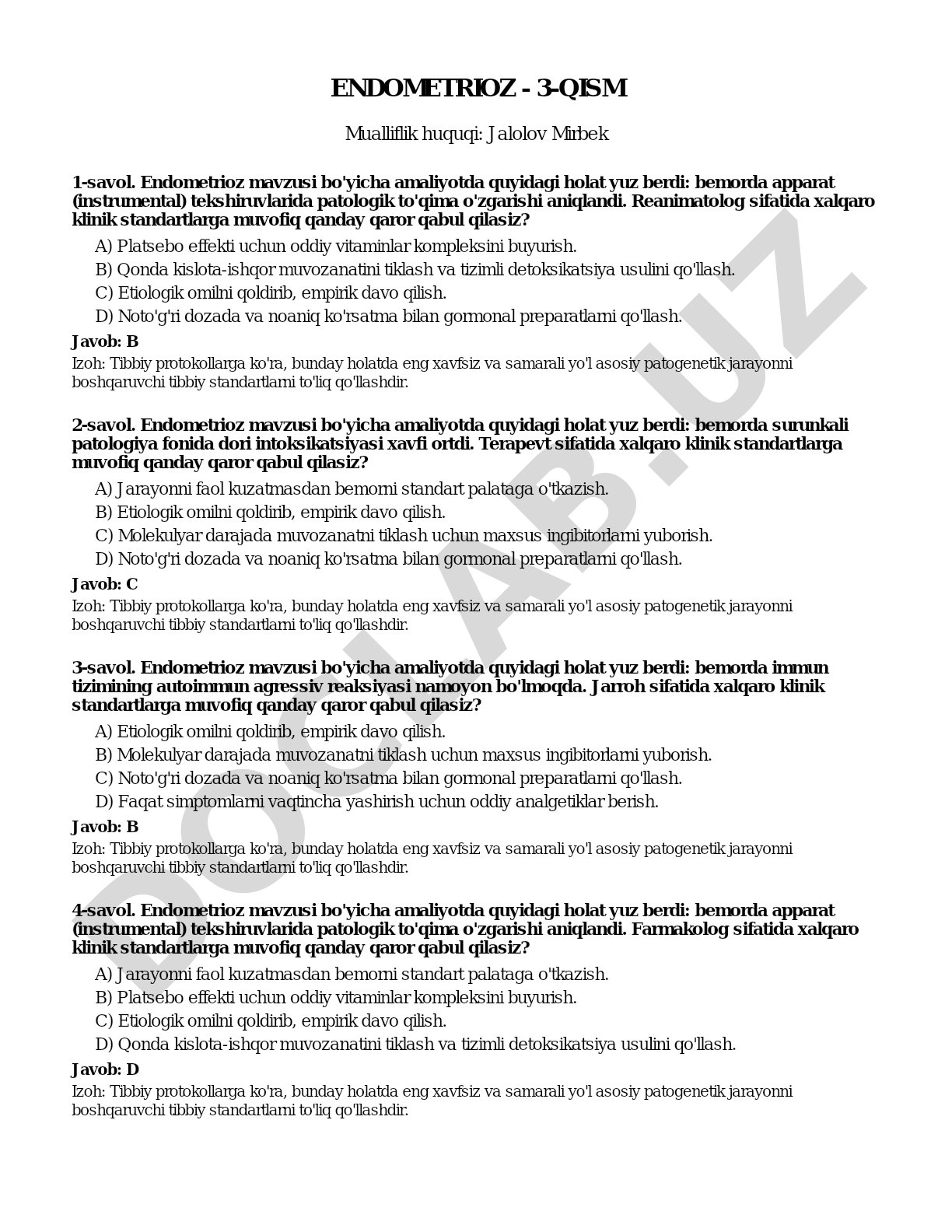 Endometrioz mavzusida klinik savollar, to'g'ri javoblar va izohlar