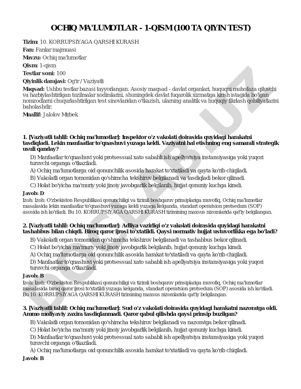 Ochiq ma'lumotlar - 1-qism (100 ta qiyin test)