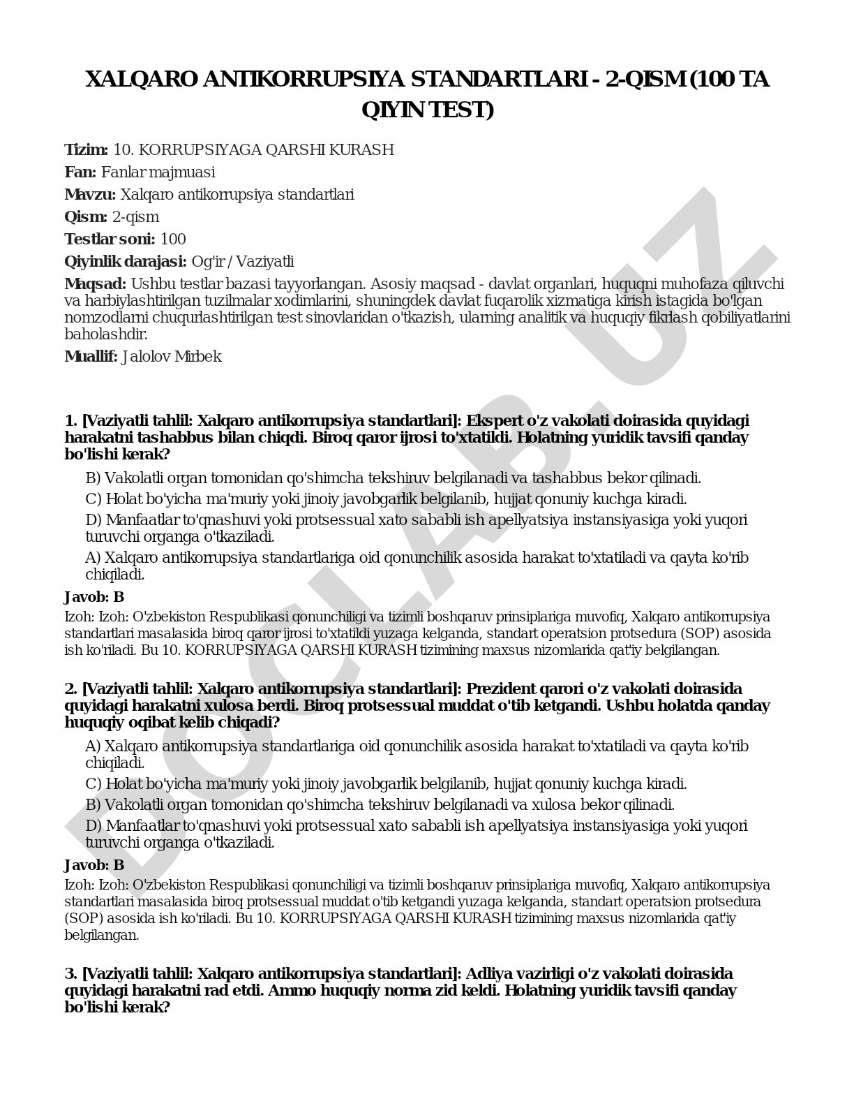 Xalqaro antikorrupsiya standartlari - 2-qism (100 ta qiyin test)