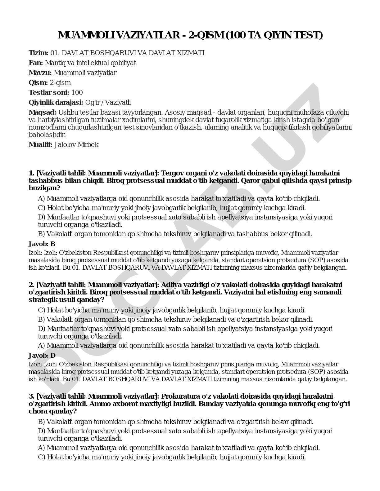 Muammoli vaziyatlar - 2-qism (100 ta qiyin test)