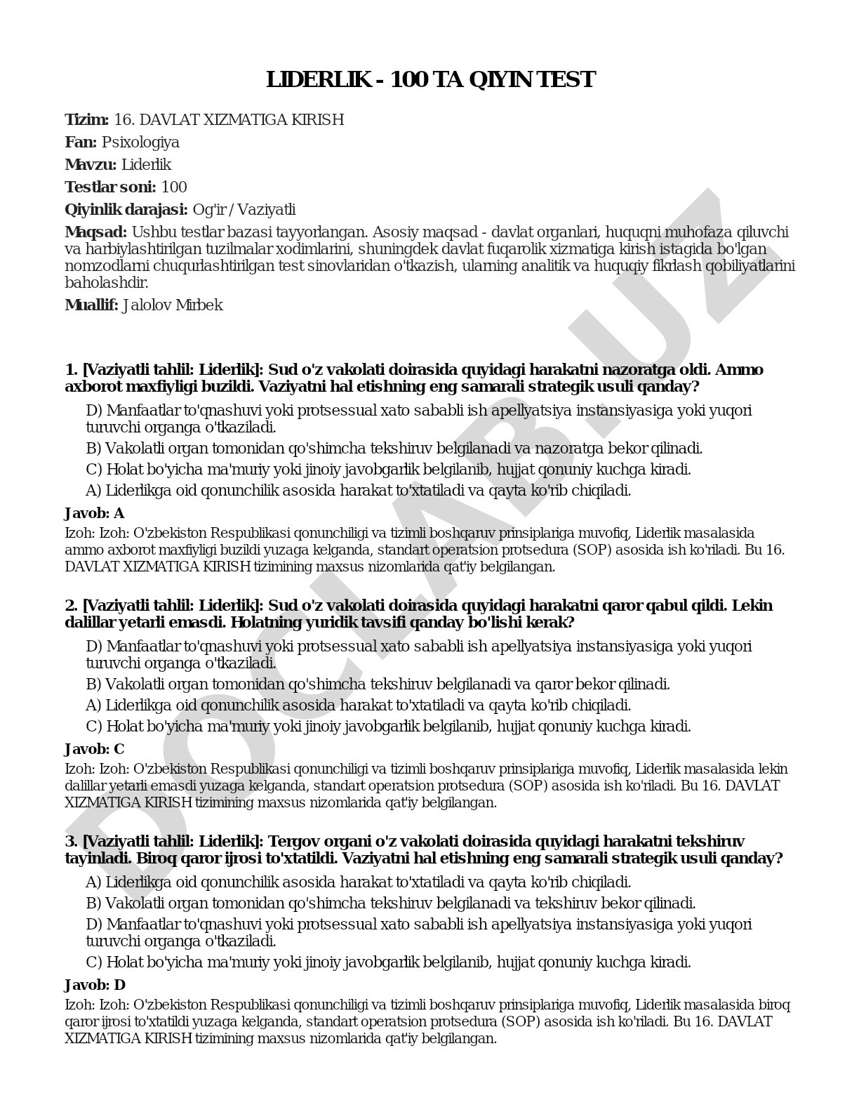 Liderlik - 100 ta qiyin test