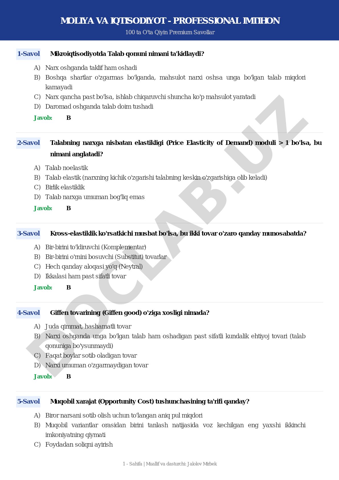 Moliya va iqtisodiyot - professional imtihon