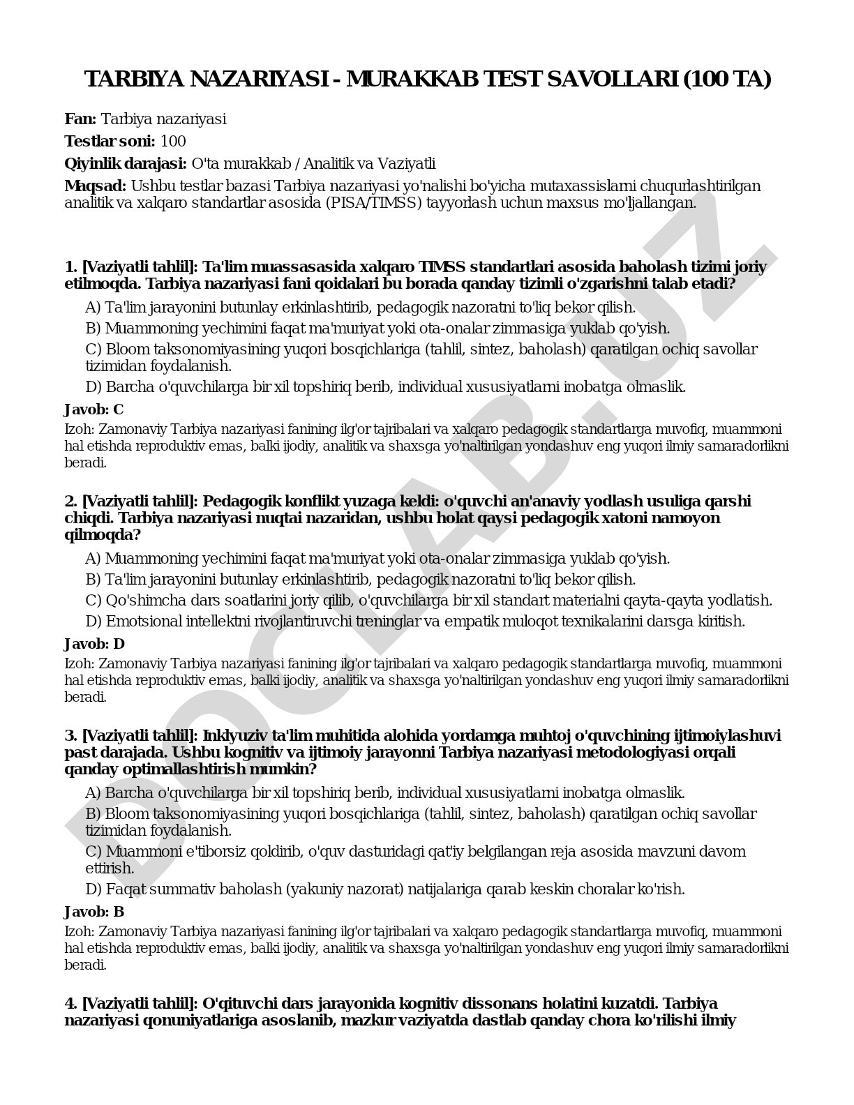 Tarbiya nazariyasi - murakkab test savollari (100 ta)