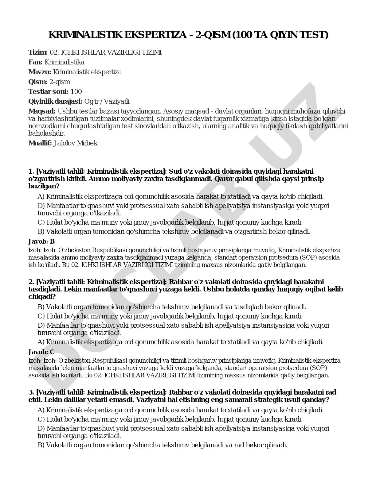 Kriminalistik ekspertiza - 2-qism (100 ta qiyin test)