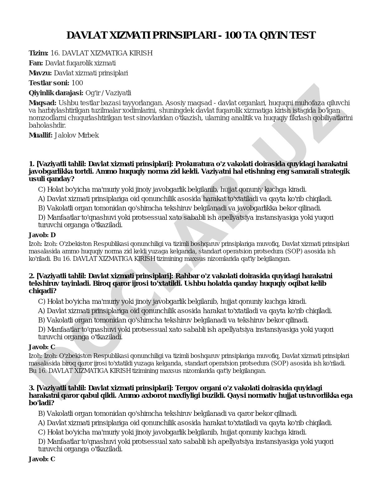 Davlat xizmati prinsiplari - 100 ta qiyin test