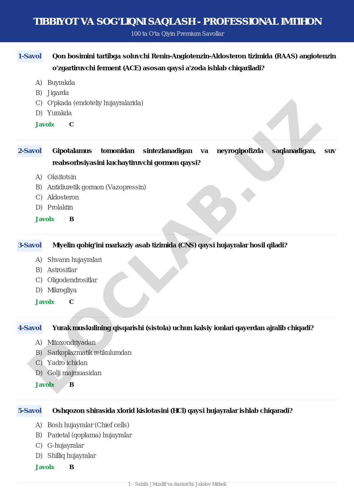 Tibbiyot va sog'liqni saqlash - professional imtihon 100 ta o'ta qiyin premium savollar