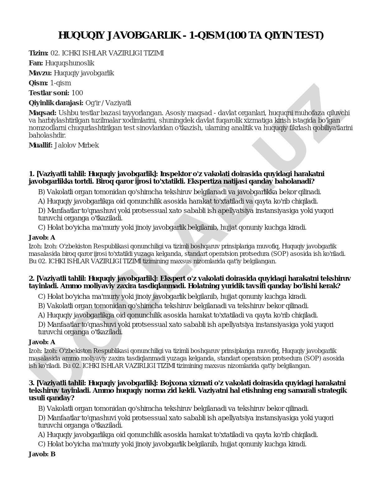 Huquqiy javobgarlik - 1-qism (100 ta qiyin test)