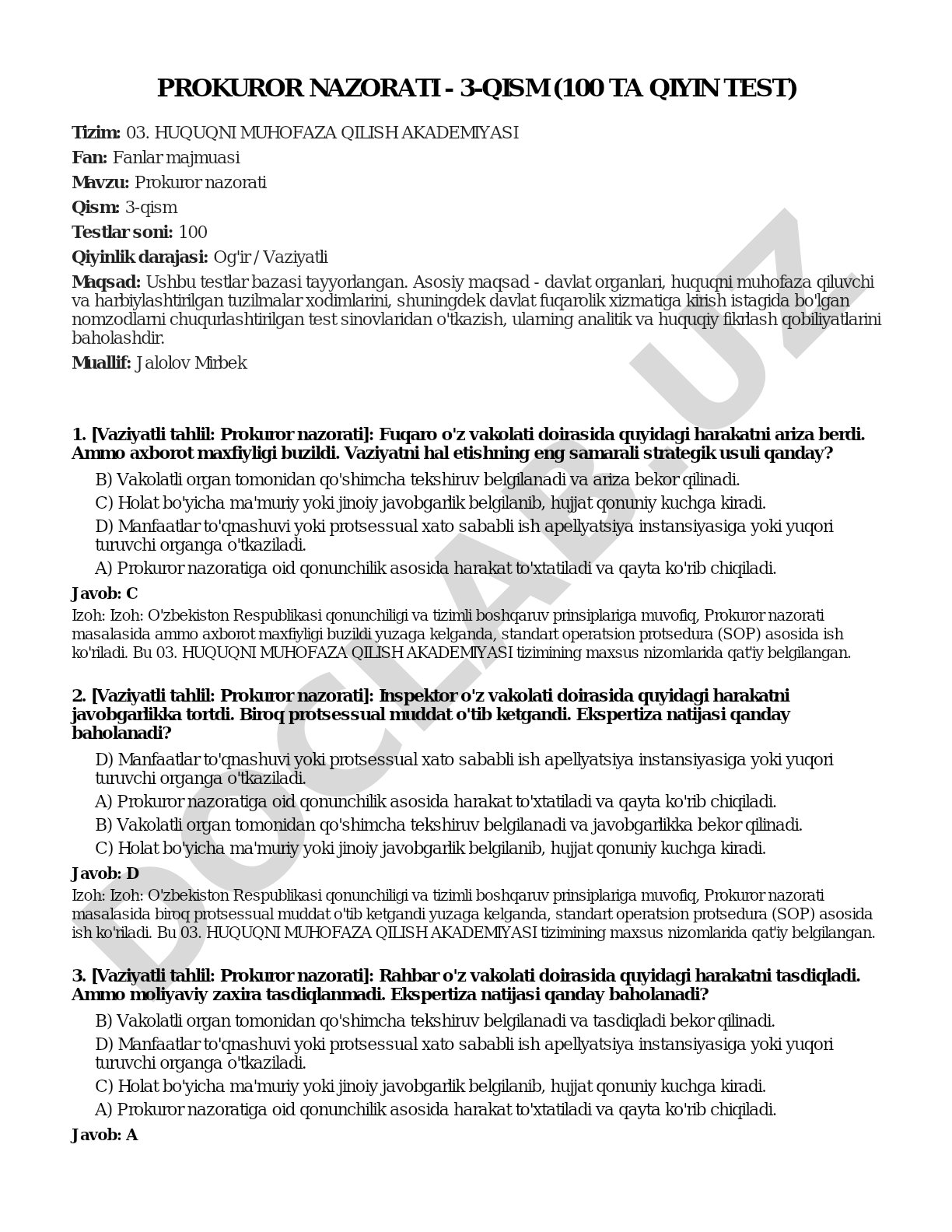 Prokuror nazorati - 3-qism (100 ta qiyin test)