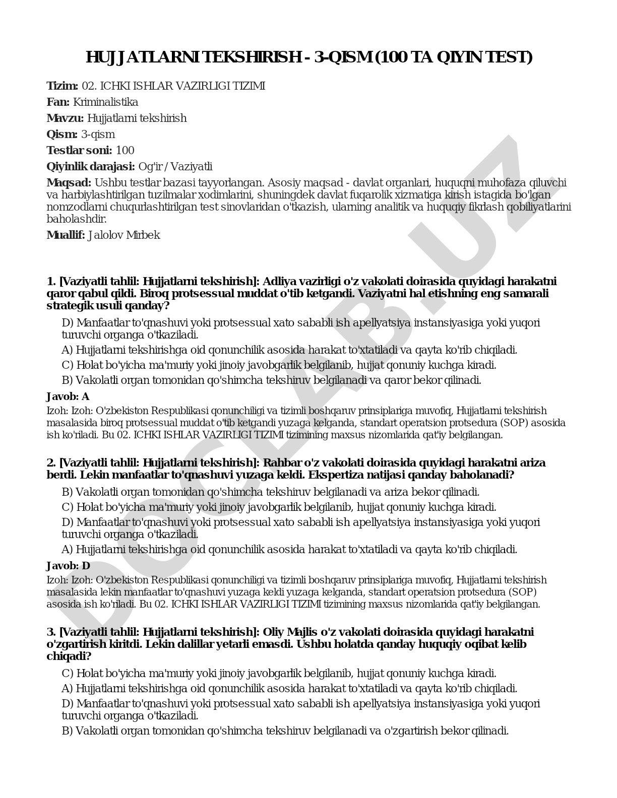 Hujjatlarni tekshirish - 3-qism (100 ta qiyin test)