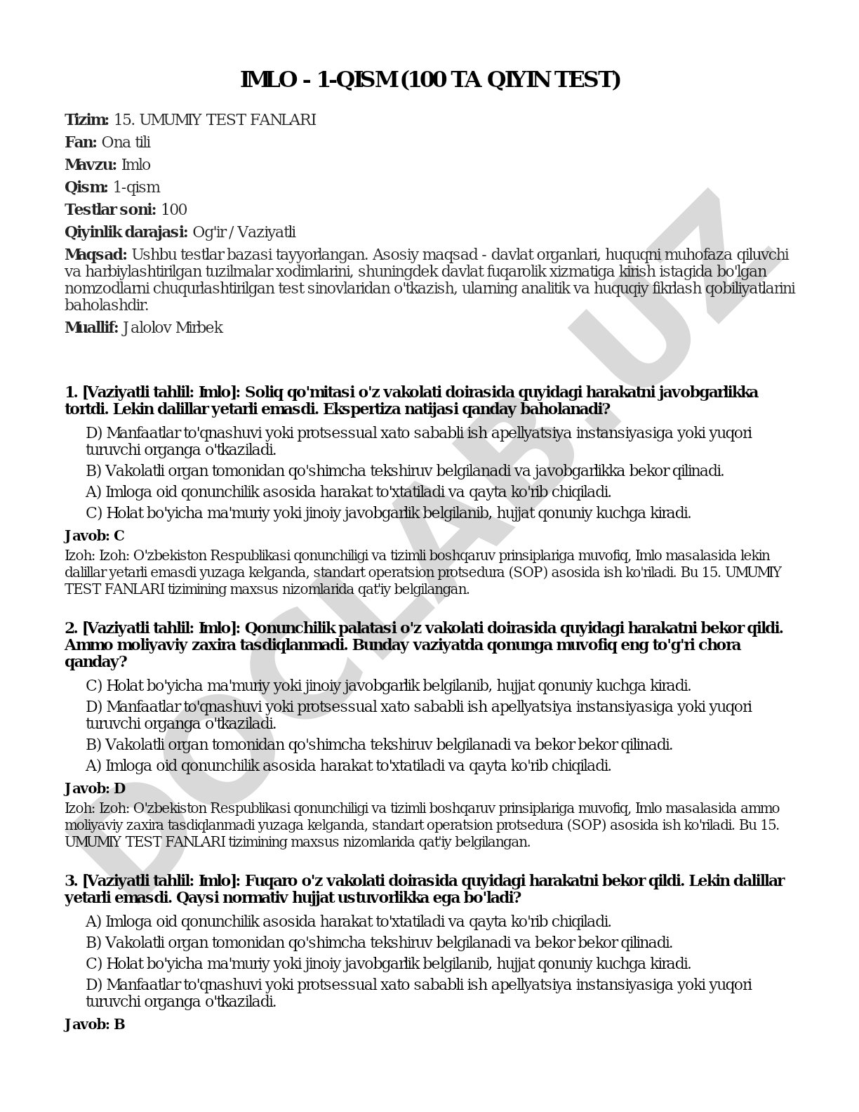 Imlo - 1-qism (100 ta qiyin test)