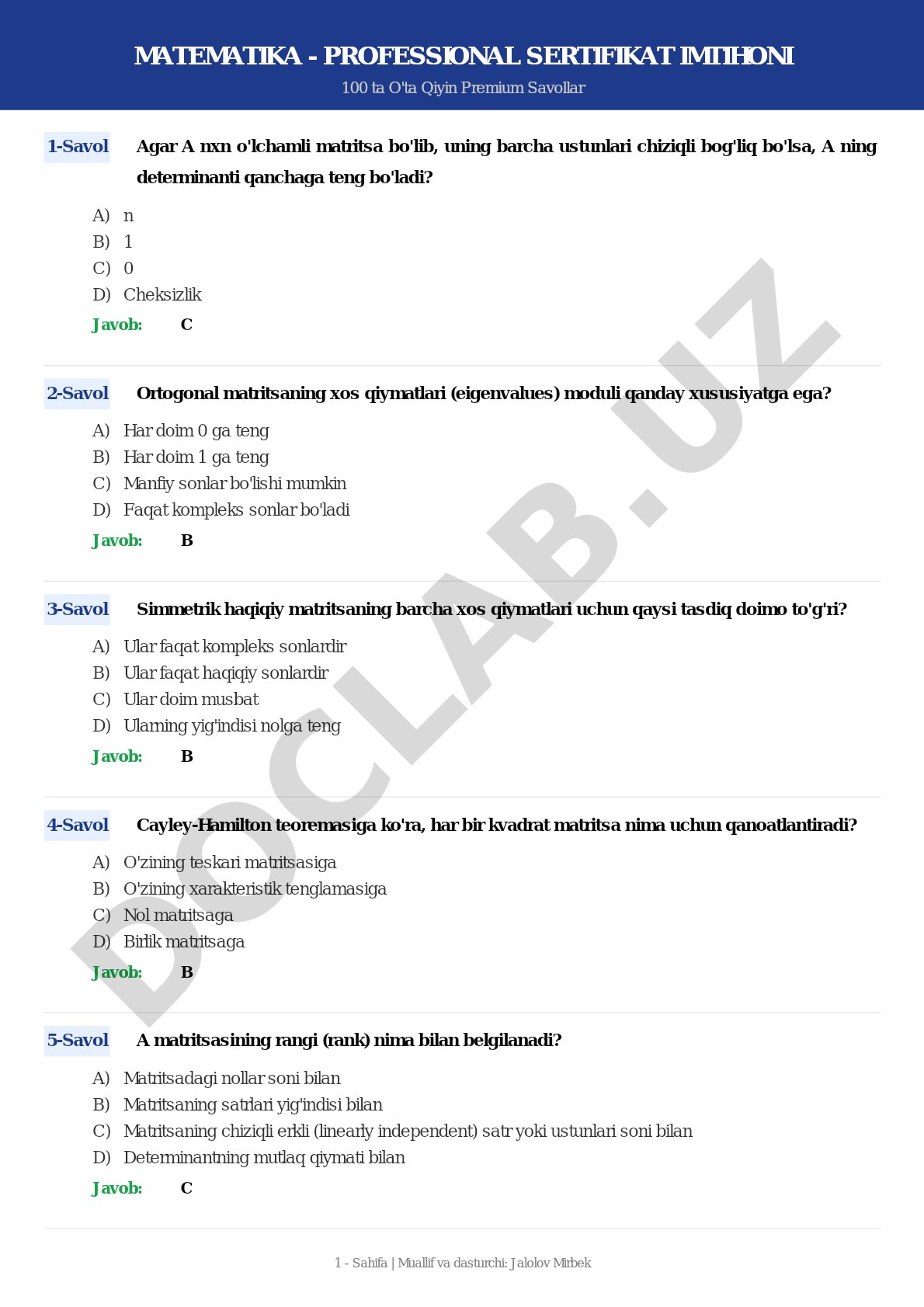 Matematika - Professional Sertifikat Imtihoni 100 ta O'ta Qiyin Premium Savollar