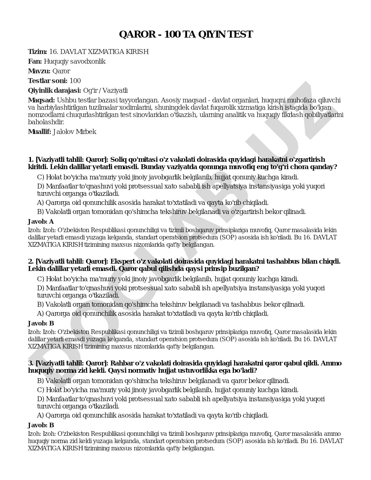 Qaror - 100 ta qiyin test